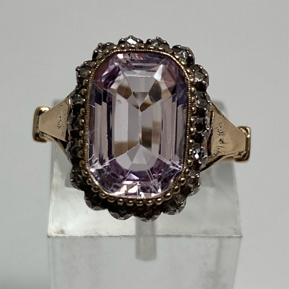 Vintage 14K Yellow Gold Rose de France Amethyst and Single Cut Diamond Ring